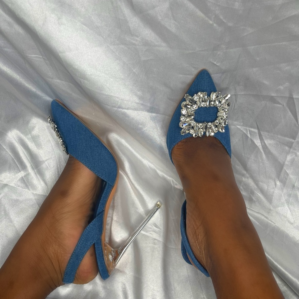 Elegant Denim Blue Slingback Heels with Silver Accents